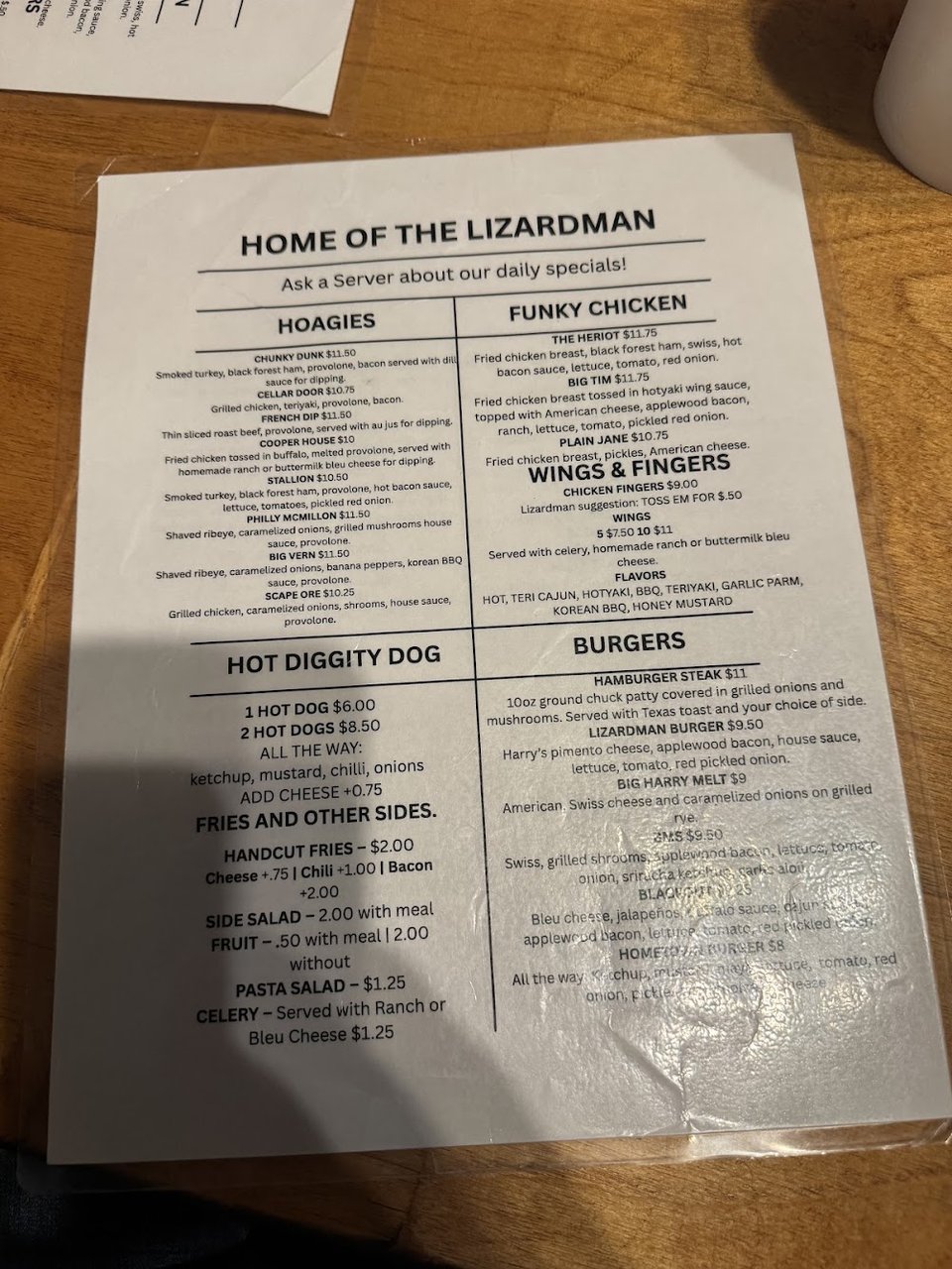 Menu page for American comfort food and small plates.