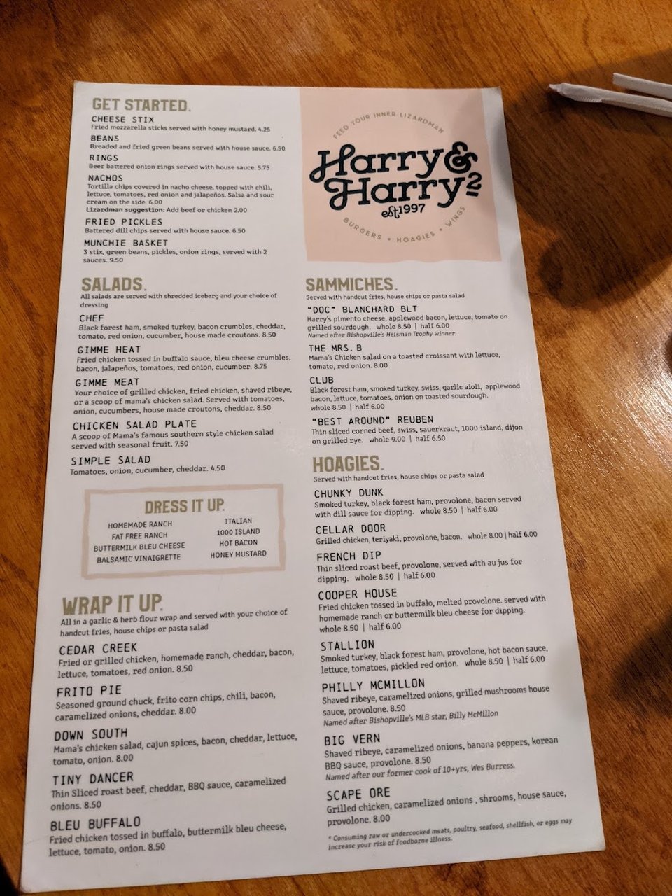 Printed menu showing lunch, dinner, and dessert options.