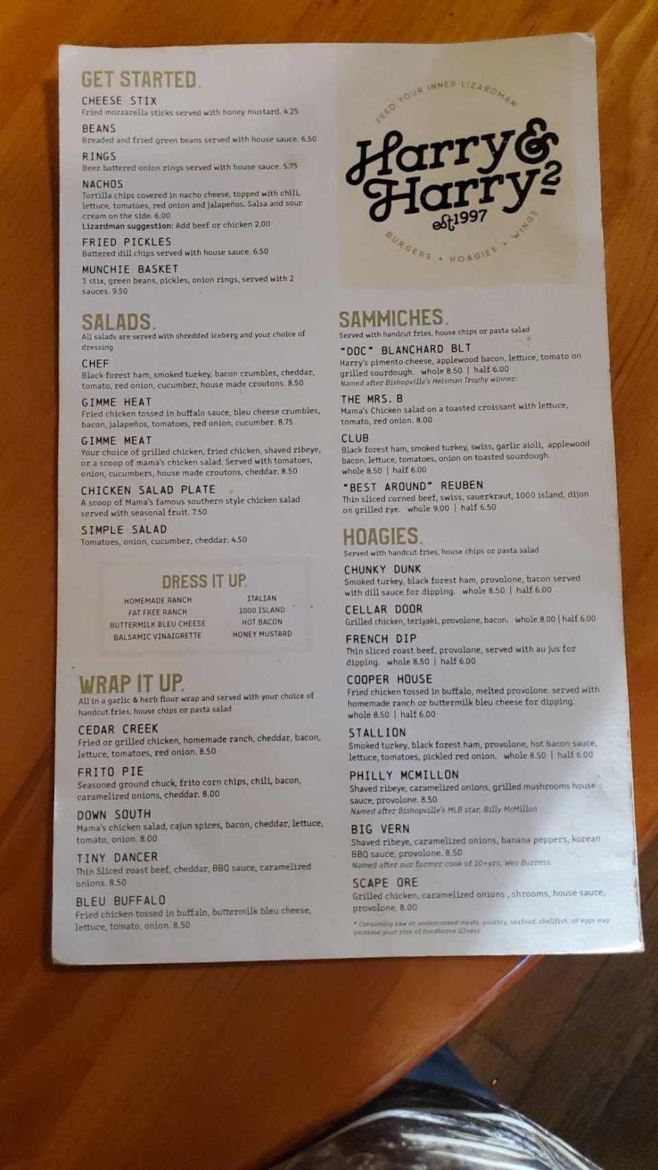 Restaurant menu featuring local specialty dishes.